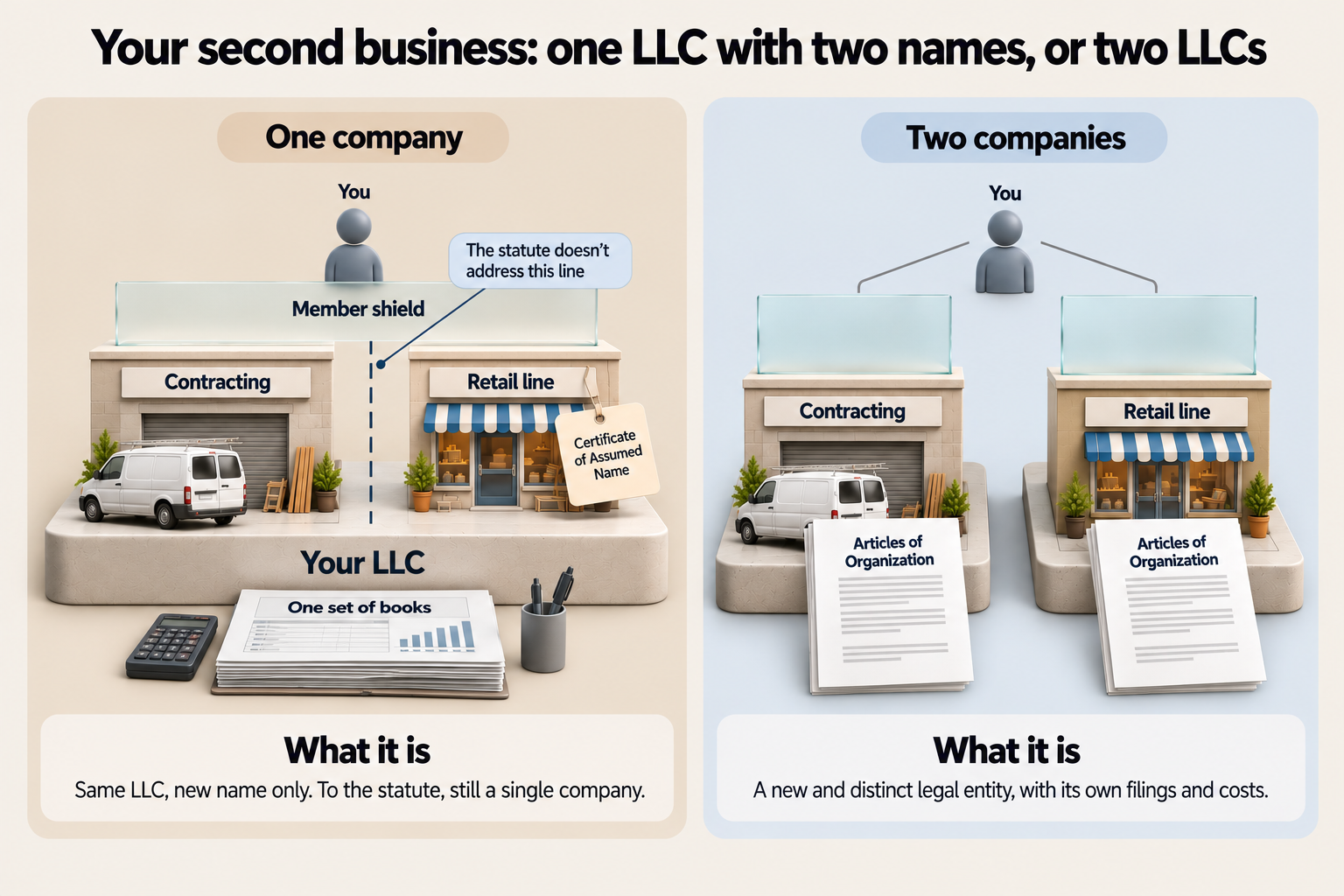 Two panels. On the left, one LLC holds a contracting shop and a retail line under a Certificate of Assumed Name, with one set of books and a member shield between you and the company, and a dashed line between the two businesses labelled "The statute doesn't address this line". On the right, two LLCs each have their own Articles of Organization, under the headline "Your second business: one LLC with two names, or two LLCs".